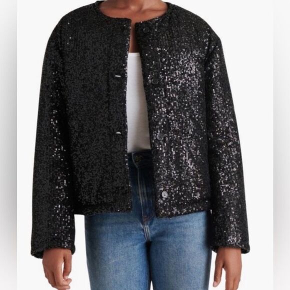 Steve Madden Black Sequin Bomber Jacket - Picture 1 of 7